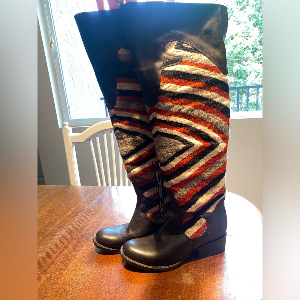 Knee-High Patterned Wool & Leather Riding Boots - Multicolor - Picture 2 of 7